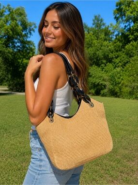 Michael Kors Straw Raffia Shoulder Tote Bag Beige Black Patent Medium